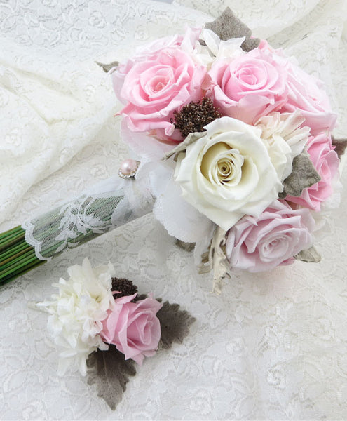 A Soft Embrace Bridal Bouquet with matching corsage